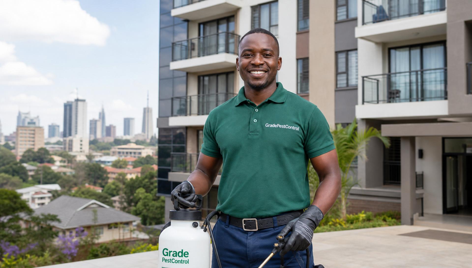 GradePestControl technician in branded green uniform holding a sprayer in front of a Nairobi apartment building