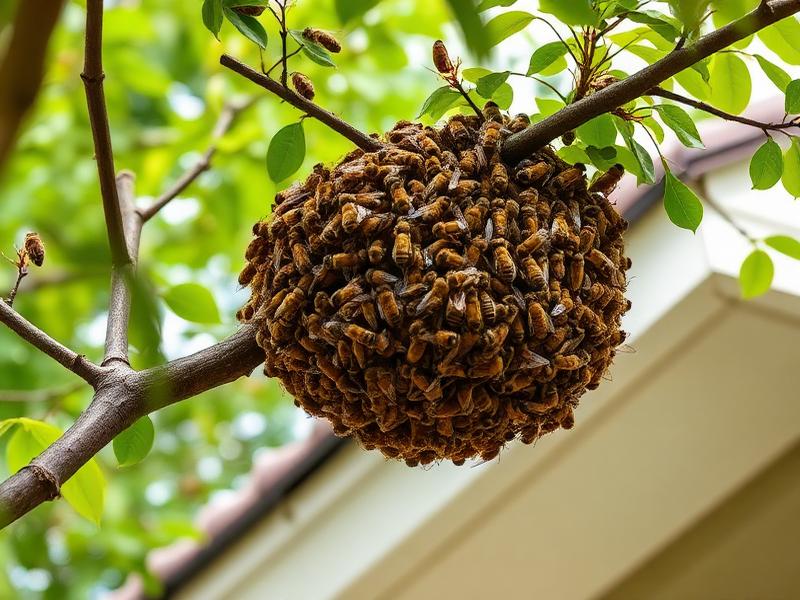 Honeybee swarm clustered on a tree branch near a roof