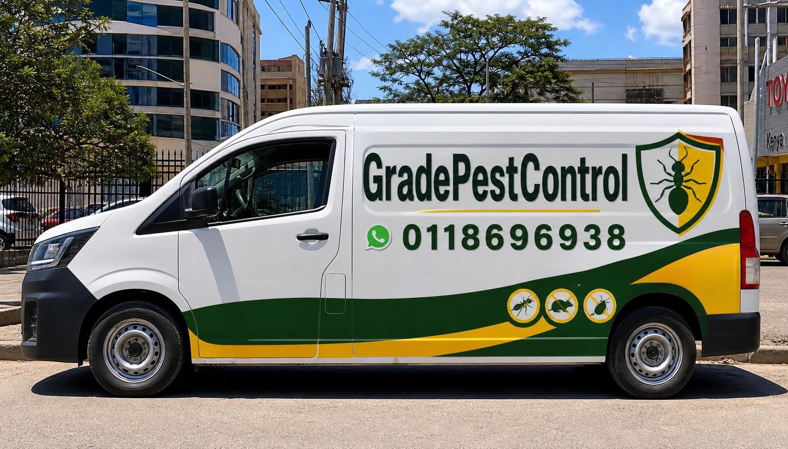 GradePestControl branded service van with company name and phone number on a Nairobi street